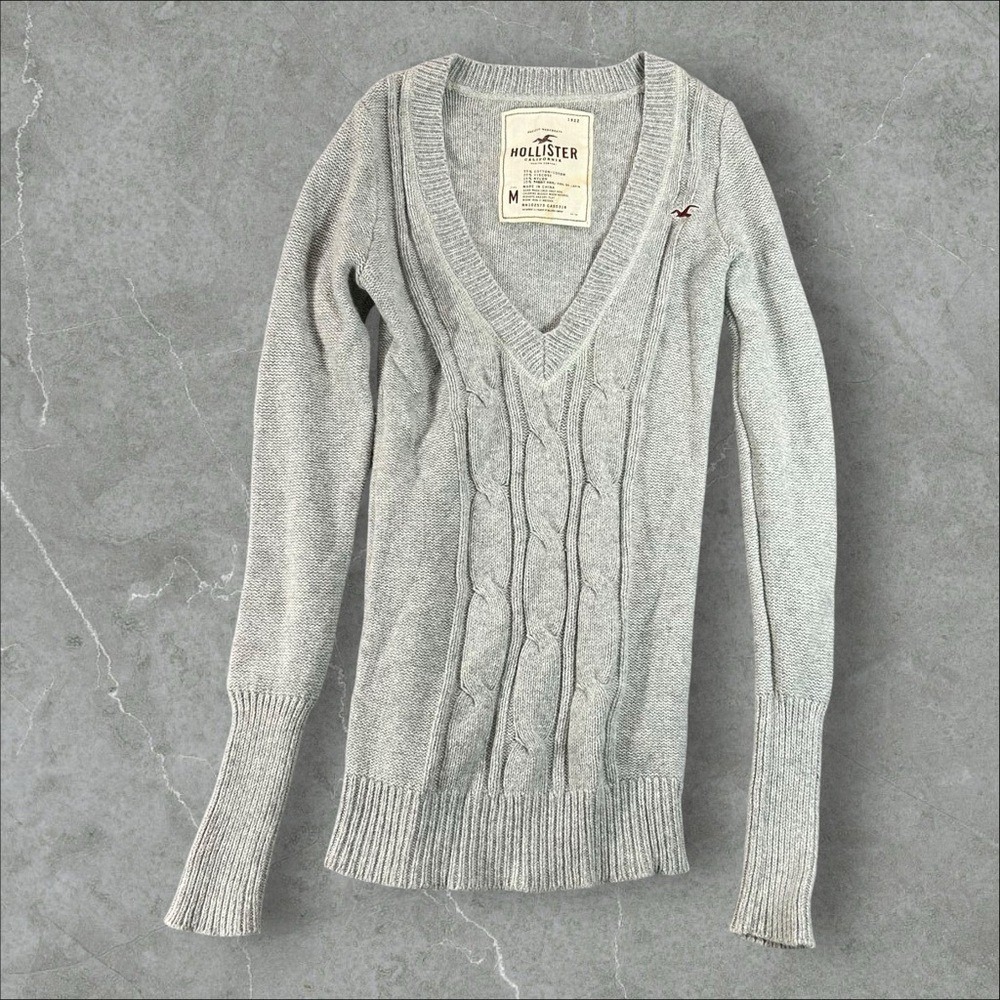 Vintage Hollister Sweater Womens Medium Grey Babydoll Top Cable Knit V Neck Y2K